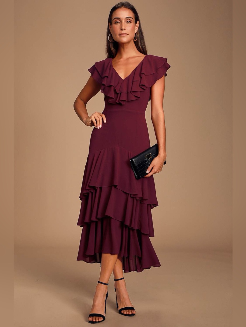 Lulus Betsey Burgundy Ruffled Midi Dress